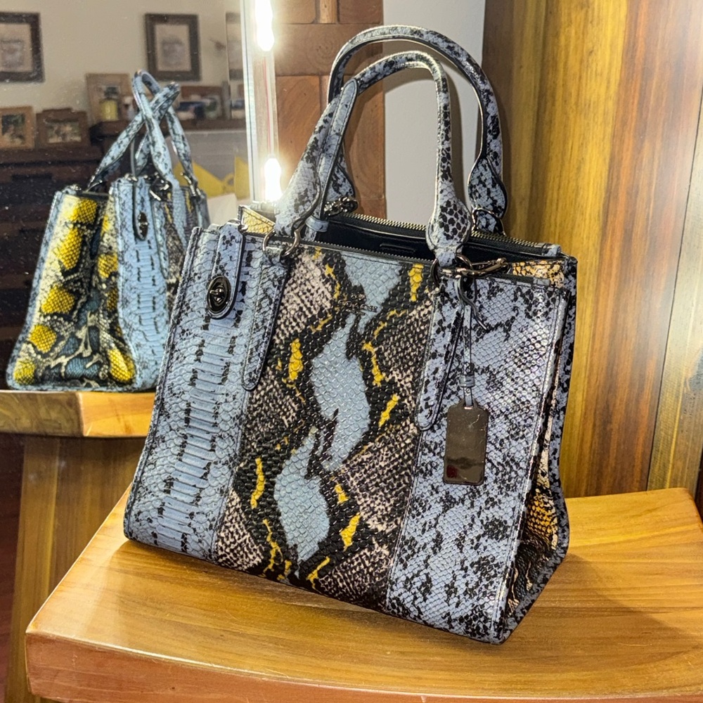 Coach Snake Print Satchel in Gray, Black, and Yellow Leather